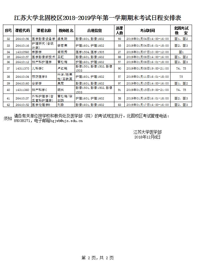 北固校区18 19学年第一学期期末考试日程安排表 江苏大学医学部欢迎您